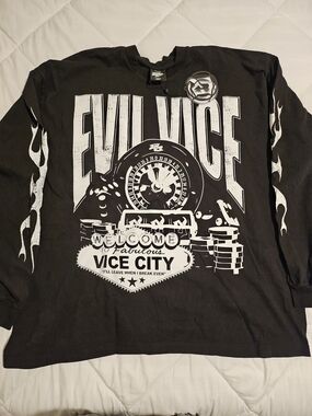 Black Graphic Long Sleeve Tee with Red Logo